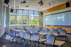 A view of a classroom equipped with a projector screen, with rows of chairs neatly arranged, A lush, modern empty classroom with
