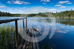 View of the clear forest lake. Lake Moshno. Moshino. Wooden bridges. Pskov region. Velikoluksky district