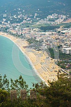 View of Cleopatra beach in Alanya, one of the touristic districts of Antalya, from Alanya Castle