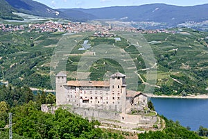 View at Cles Castle and lake of Santa Giustina