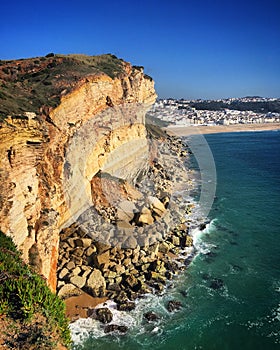 View of the cliff and the coast in NazarÃ©, Portugal, December 2018 photo