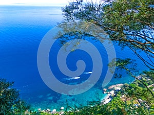 View from a cliff on the island of Capri, Italy, and rocks in sea