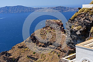 View on cliff Scaros and caldera of Santorini island, Greece