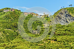 A view of cliff top settlements above the village of Corniglia, Italy