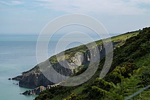 View from the cliffs of Co. Wicklow, Ireland over the Irish sea with Greystones in the distance