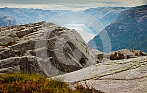 The view from the cliffs on the Geirangerfjord in Norway