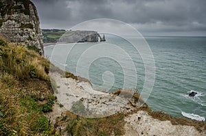 View of cliffs near etretat town of france