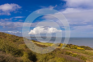 View from the clifftop at Reighton. In the distance Filey and Filey Brigg.