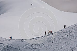 View of climbers from the Aiguille du Midi in French Alps