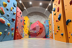 a view of a climbing wall with various shaped handholds and footholds