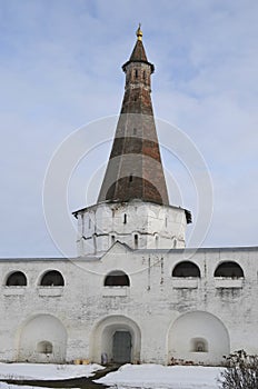 View of the Clock Chasovaya Tower of the Iosifo-Volotsky Monastery of Volokolamsk, Moscow Region