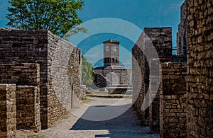 View of clock tower from Gjirokaster Castle stone walls