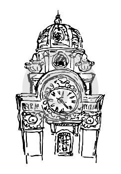 View of clock tower of house. Old town building, urban sketching. Historical center of city. Black and white hand drawn graphic,