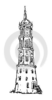 View of clock tower of house. Old town building, urban sketching. Historical center of city. Black and white hand drawn graphic,