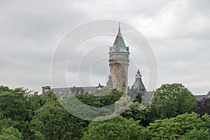 View with clock tower of the Museum of The Central Bank of Luxembourg
