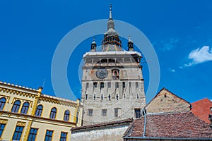 view of the clock tower in Sighisoara, Romania