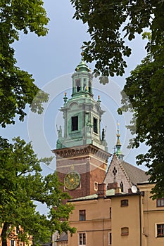 View on clock tower of wawel royal castle in cracow in poland