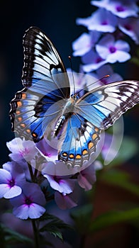 view Close up a butterfly delicately perched on blue flowers in the garden