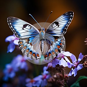 view Close up a butterfly delicately perched on blue flowers in the garden