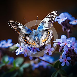 view Close up a butterfly delicately perched on blue flowers in the garden