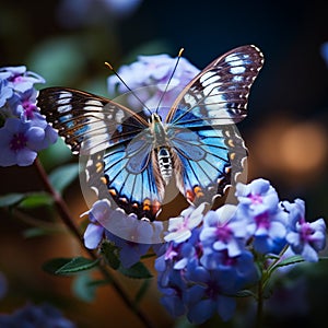 view Close up a butterfly delicately perched on blue flowers in the garden