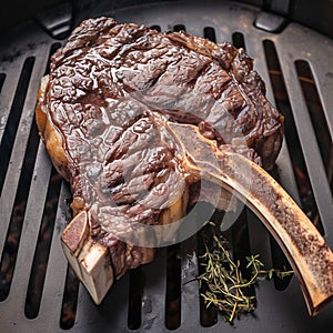 view Close up luxury Beef tomahawk steak grilled to perfection, enticing char