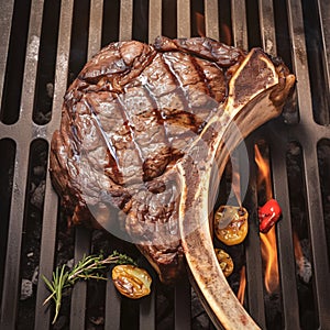 view Close up luxury Beef tomahawk steak grilled to perfection, enticing char