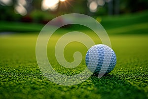 view Close up shot of a golf ball on green grass, leisurely