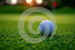 view Close up shot of a golf ball on green grass, leisurely