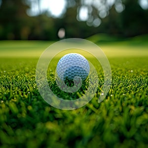 view Close up shot of a golf ball on green grass, leisurely