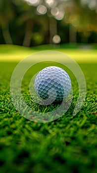 view Close up shot of a golf ball on green grass, leisurely