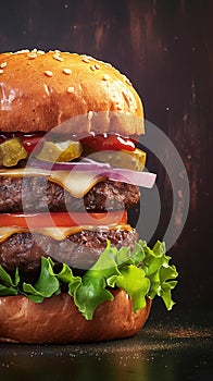 view Close up view of mouthwatering handmade burger on dark background