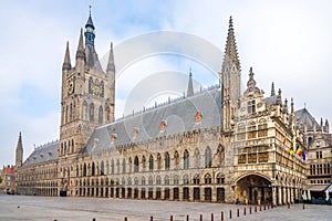 View at the Cloth hall and City hall at the Grote markt of Ypres in Belgium