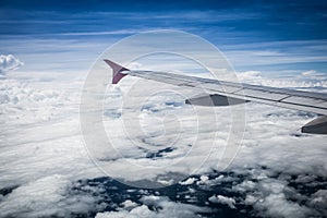 View of cloud sky and wing of airplane