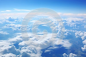 A view of the clouds from an airplane window. Blue cloudy sky, above the clouds