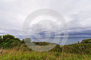 View of cloudy blue sky, green field and sea in the background,