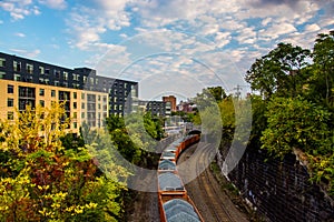 View of coal cars on railroad tracks in Baltimore, Maryland.