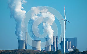 View of the coal-fired power station near the Garzweiler open-cast lignite mine in Germany