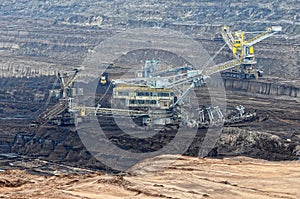 View into a coal mine with working weel excatator.