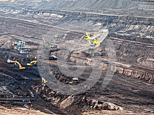 View into a coal mine with working weel excatator.