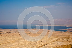 View at coast of the Dead Sea from ruins of high-rise fortress Masada, Israel