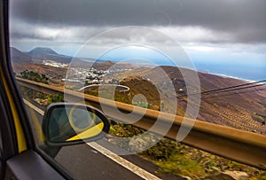View of a coast on Lanzarote Island from a car