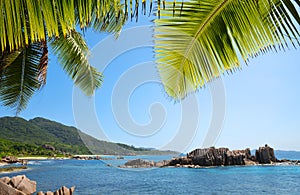 View on coast near Grand l`Anse beach in La Digue island, Indian Ocean, Seychelles. Tropical landscape with blue sunny sky and lea