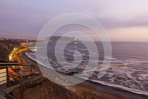 View of the coast of the Pacific in Miraflores (Lima Peru) at nightfall