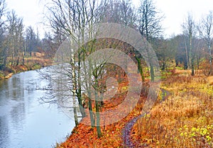 View of coast of river Slavyanka at autumn.