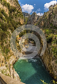 A view from the coast road looking down towards Italy`s only fjord at Fiordo di Furore on the Amalfi Coast, Italy