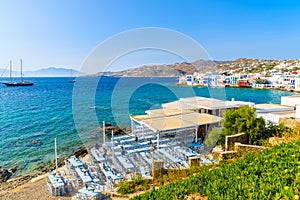 A view of coast and typical Greek tavern in Little Venice part of Mykonos town, Mykonos island, Greece