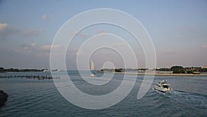 View of coastal shoreline city skyscrapers United Arab Emirates Persian Gulf Middle East Dubai. 