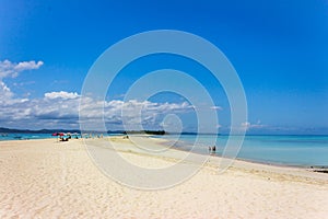 View of coastline of Iranja Island, Nosy Iranja lined with palm trees and boats floating in the sea, Madagascar