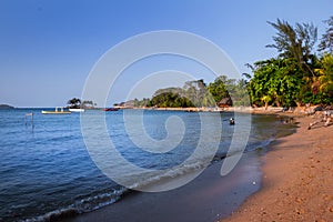 View of coastline on Nosy Komba Island lined with palm trees, Madagascar